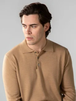 Extrafine Merino Polo Beige -Velora Fashion Aurelien Merino Cashwool Made in Italy Sweater Polo Longsleeve beige5