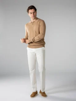 Extrafine Merino Polo Beige -Velora Fashion Aurelien Merino Cashwool Made in Italy Sweater Polo Longsleeve beige6