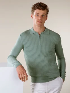 Ribbed Zipper Polo Light Green -Velora Fashion Aurelien polo shirt ribbed zipper light green men 5