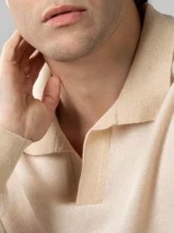 Light Beige Jacquard Polo -Velora Fashion aurelien pure cashmere buttonless longsleevle polo shirt beige4