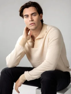 Light Beige Jacquard Polo -Velora Fashion aurelien pure cashmere buttonless longsleevle polo shirt beige5