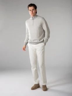 Light Grey Jacquard Zipper Sweater -Velora Fashion aurelien pure cashmere waffle knit zip up sweater light grey6