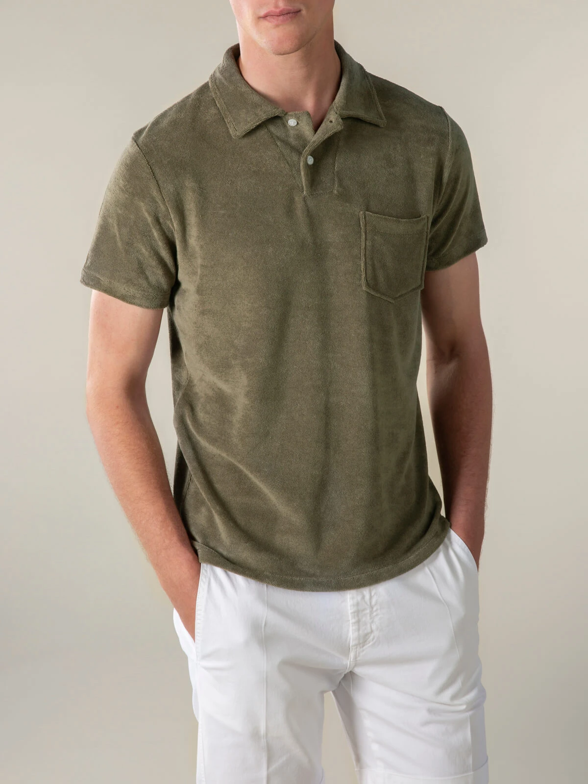Olive Terry Towelling Polo Shirt 4 Olive Terry Towelling Polo Shirt - Image 2